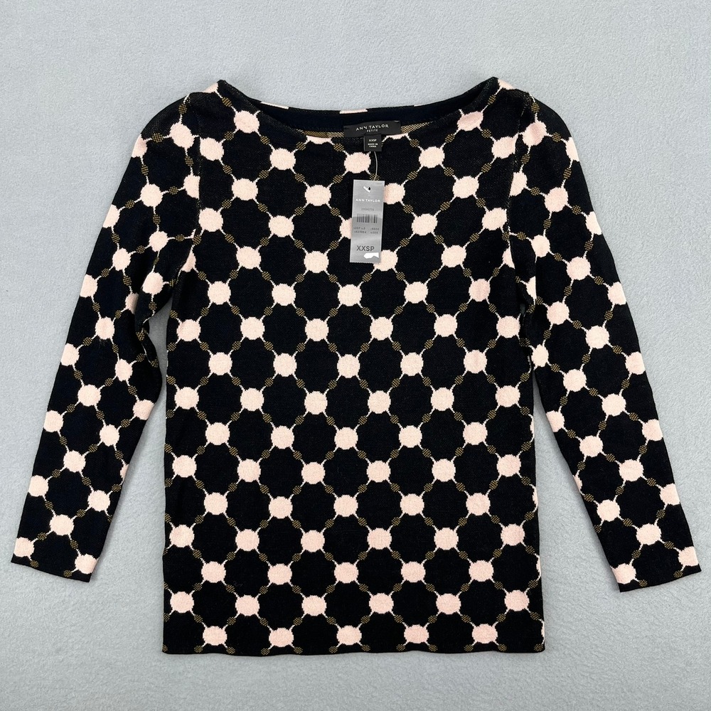 Ann Taylor Petite XXSP Geometric Dot Knit Sweater Black Pink Gold 3/4 Sleeve NEW
